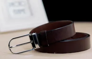 Close-up view of a premium dark brown leather belt with a sleek silver pin buckle detail