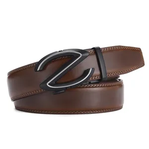 Close-up detail of a brown leather belt with a matte black Z-shaped automatic buckle