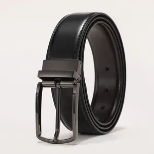 Classic black men's leather belt with gunmetal pin buckle for business formal wear.