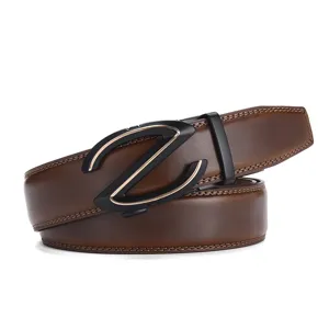 Close-up of premium brown leather belt for men featuring a stylish black Z-shaped automatic buckle