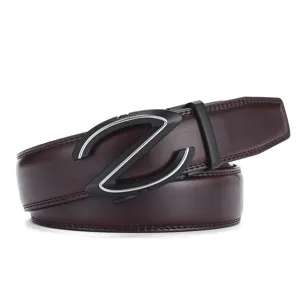 Close-up of men's brown leather belt with black Z-shaped automatic buckle