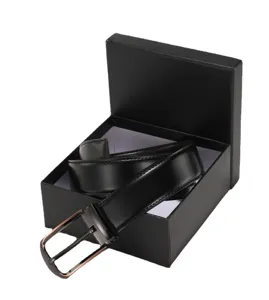 Classic black men's genuine leather belt with pin buckle in a premium gift box