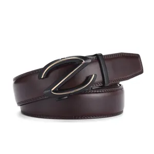 Close-up of men's brown leather belt with black Z-shaped automatic buckle.