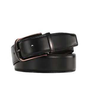 Classic black genuine leather belt for men with durable metal pin buckle for business.