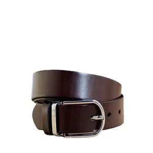 Classic men's dark brown genuine leather belt with 3.3cm width and silver pin buckle