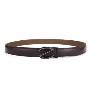 Men's dark brown leather belt with black Z-shaped automatic buckle for business casual style.