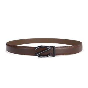 Close-up of men's brown leather belt with stylish Z-shaped automatic buckle