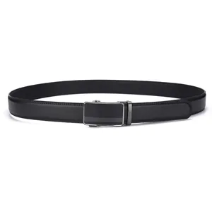 Detail view of a black genuine cowhide leather belt with a minimalist automatic buckle