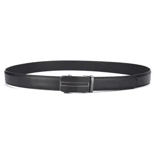 Close-up of a men's black leather belt featuring a minimalist automatic buckle design