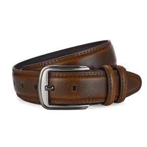Close-up of men's vintage brown leather belt with metal pin buckle and stitching details.