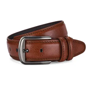 Detailed view of a brown leather belt with a textured pin buckle and vintage finish.