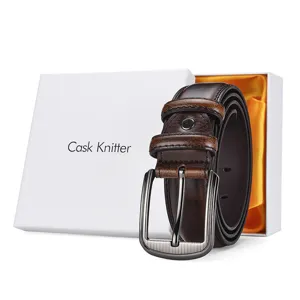 Vintage men's dark brown genuine leather belt with pin buckle and white gift box
