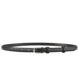 Minimalist black genuine leather belt for women with elegant silver D-shaped buckle design