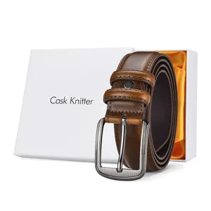 High-quality vintage brown men's genuine leather belt with pin buckle and white gift box