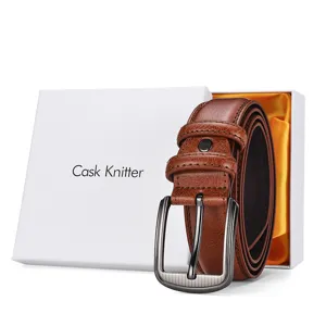 Classic vintage brown genuine leather belt for men with pin buckle and white gift box