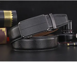 Detailed close-up of a premium black automatic buckle men's leather belt with texture