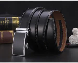 Close-up detail of a high-quality black leather belt featuring a sleek automatic buckle.