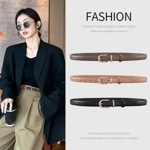 Ceinture en Cuir de Vachette Refendu pour Femmes Minimaliste Décontracté Mince Boucle à Ardillon en Alliage Doré pour Jeans Robe