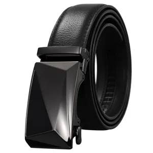 Close-up of premium men's black leather belt with a geometric metal automatic buckle