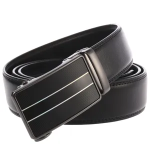 Detail shot of a business men's leather belt featuring a striped automatic buckle