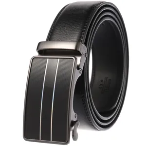 Close-up of premium black genuine leather belt with sleek automatic metal buckle