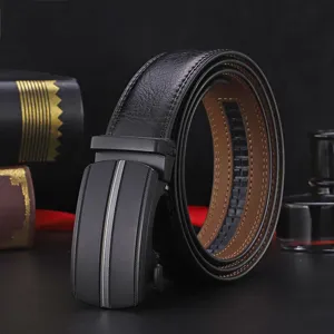 High-grade men's leather belt with matte black automatic buckle for business suit