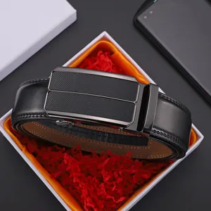 Men's genuine cowhide leather belt with automatic sliding buckle presented in gift box