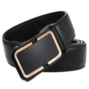 Close-up view of premium men's black genuine leather belt with gold-trimmed automatic buckle