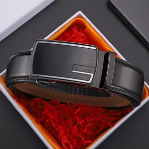 Men's premium black leather belt with automatic buckle in a luxury gift box