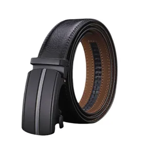 Men's genuine leather belt with matte black automatic buckle for business and casual attire