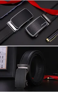Detailed view of men's black cowhide belts featuring textured automatic metal buckles