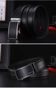 Close-up views of premium black cowhide leather belt with two modern automatic buckle designs