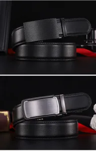 Detailed view of two men's black leather belts with stylish automatic buckles