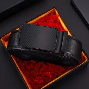 Premium black leather belt for men with automatic buckle and carbon fiber detail in gift box