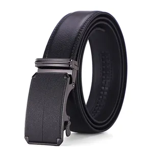 Sleek black men's genuine leather belt featuring a modern automatic metal buckle design