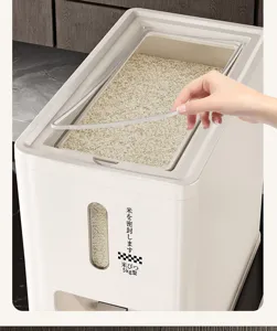 Detailed view of a minimalist white 5kg sealed rice container with transparent lid