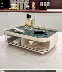 Elegant cream white entryway storage tray with green textured top and two drawers
