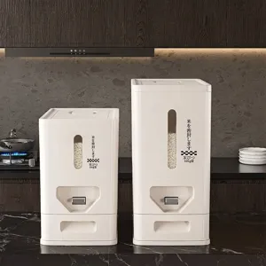 Modern cream-colored sealed press-type rice storage dispenser in 5kg and 10kg capacities