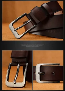 Detail view of a vintage men's brown leather belt with a brushed metal pin buckle.