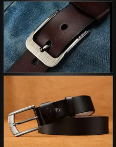 Close-up detail of a vintage men's leather belt with a brushed metal pin buckle