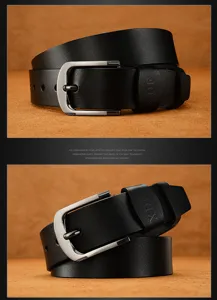 Close-up of a vintage black men's belt with a stylish silver textured pin buckle detail.