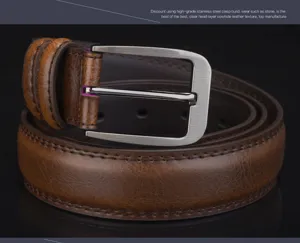 Detail view of brown genuine cowhide leather belt with brushed stainless steel pin buckle