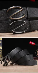 Close-up of men's leather belt automatic buckle with Z-shaped metal detail and texture