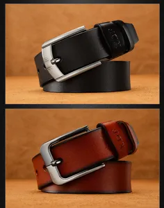 Detailed macro view of vintage men's leather belts featuring textured buckles and embossed logos