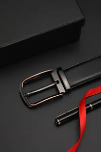 Detailed close-up of a premium black leather belt featuring a stylish bicolor pin buckle
