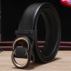 Men's Top Grain Leather Belt with Automatic Buckle Business Casual Lychee Pattern Cowhide Waist Strap for Gentlemen Wear