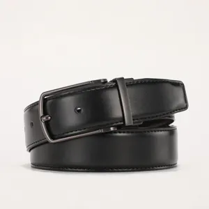 Detail shot of a black genuine cowhide leather belt with a gunmetal grey pin buckle.