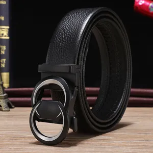 Men's black lychee grain leather belt featuring automatic interlocking circle buckle