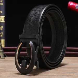 Premium men's black lychee grain leather belt with a sleek black automatic buckle