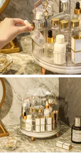 Detail view of rotating cosmetic organizer featuring an elegant umbrella design